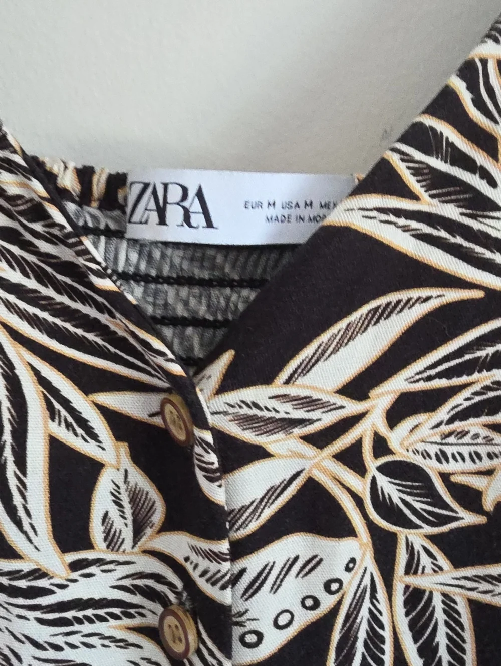 ZARA | linen printed jumpsuit brown Cream tropical leaf Sz M